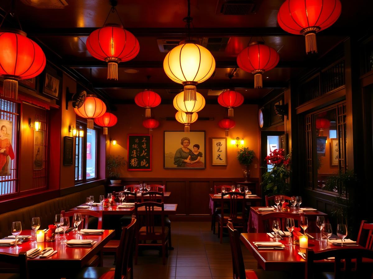 Gastraum des China Garden mit roten Lampions und gedeckten Tischen